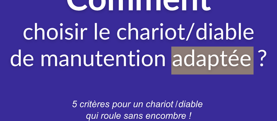 Guide Chariot/Diable : Comment choisir le chariot/diable de manutention adaptée ? Texte indiquant '5 critères pour un chariot / diable qui roule sans encombre !'. En bas de l'image, le logo 'Mino & Lorenzini SA' avec la mention 'Groupe PROVOST' en dessous.