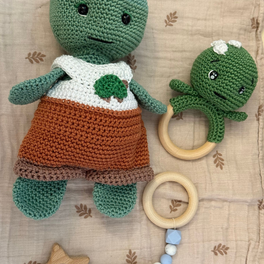 Set amigurumi con tartaruga amigurumi, sonaglio tartaruga,porta ciuccio