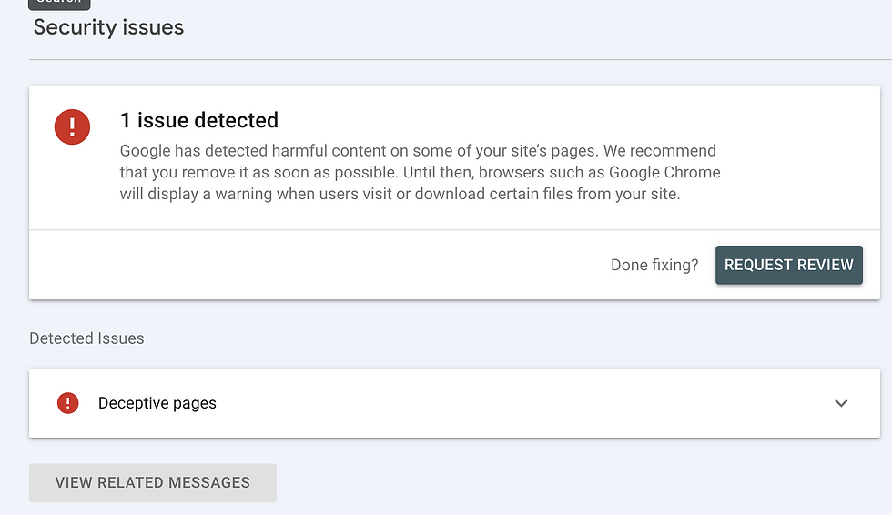 Screenshot of Google Search Console Security Flag