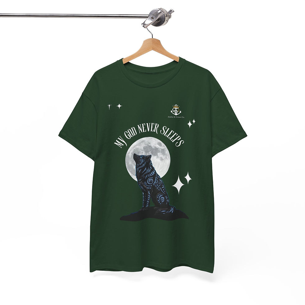 Thumbnail: Mystical Wolf Unisex Heavy Cotton Tee - "My God Never Sleeps" Design