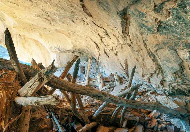 An ancient collapsed structure deep in an alcove  in Slickhorn  Canyon, Cedar Mesa, Bears Ears National Monument