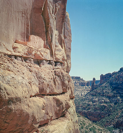 A 13th-century "Anasazi" wall is precariously placed on a high cliff in Bears Ears National Monument,