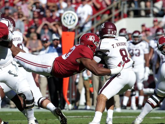 Jonathan Allen (93) of Alabama sacks Trevor Knight (8) of Texas A&M in October. Photo Credit: Marvin Gentry, USA Today Sports