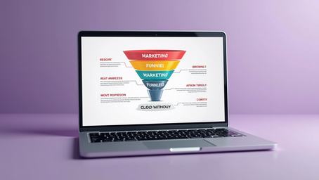 Eye-level view of a laptop screen showing a colorful marketing funnel diagram