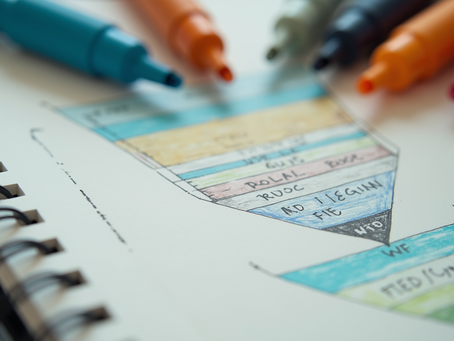 Close-up view of a notebook with funnel diagram and colorful markers