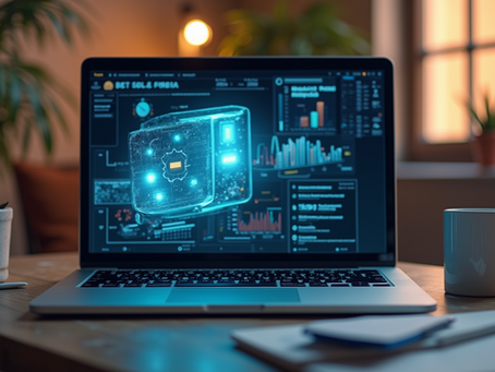 Close-up view of a laptop with a digital product displayed on the screen