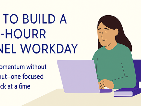 Illustration of a person at a laptop, focusing. Text reads "HOW TO BUILD A 3-HOUR CHANNEL WORKDAY" with a book on the table nearby.