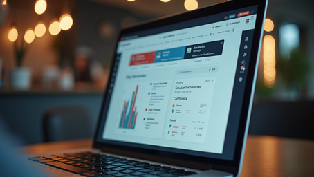 Eye-level view of a laptop displaying a digital product sales dashboard