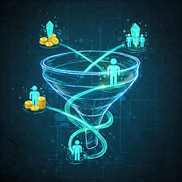 Futuristic funnel with glowing figures and swirling lines, surrounded by coins and crystal