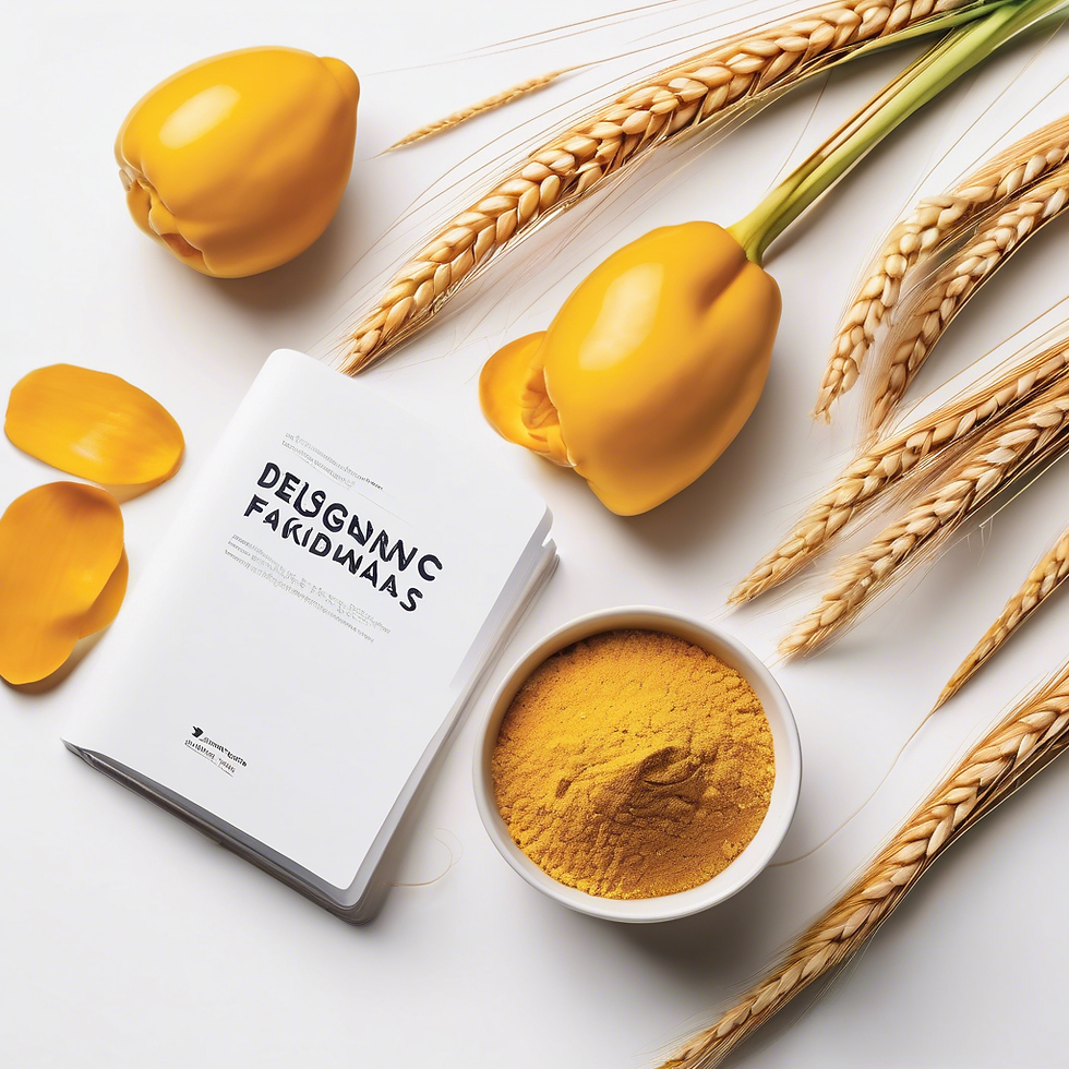 White book with foreign text, wheat, turmeric, and yellow fruits on white surface