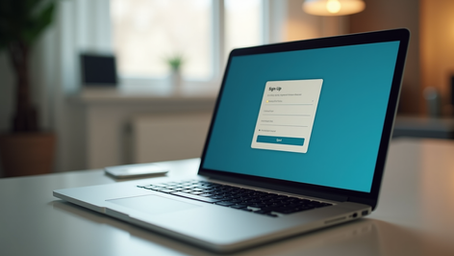 Eye-level view of a laptop screen showing an email signup form