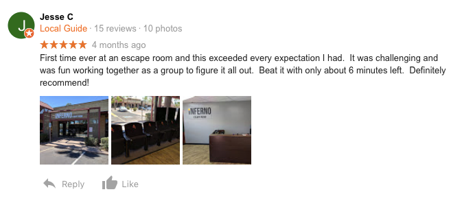 5 Star Google Review for Inferno Escape Room by Jesse C.