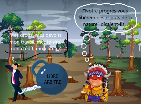Un indien observant un Homme civilisé traînant le boulet du libre arbitre - Abus de pouvoir humain illustration en dessin
