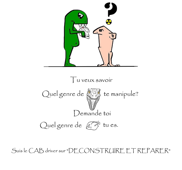 Un sapiens poubellus s'interrogeant face à un E.T tenant le crâne philosophale dans ses mains