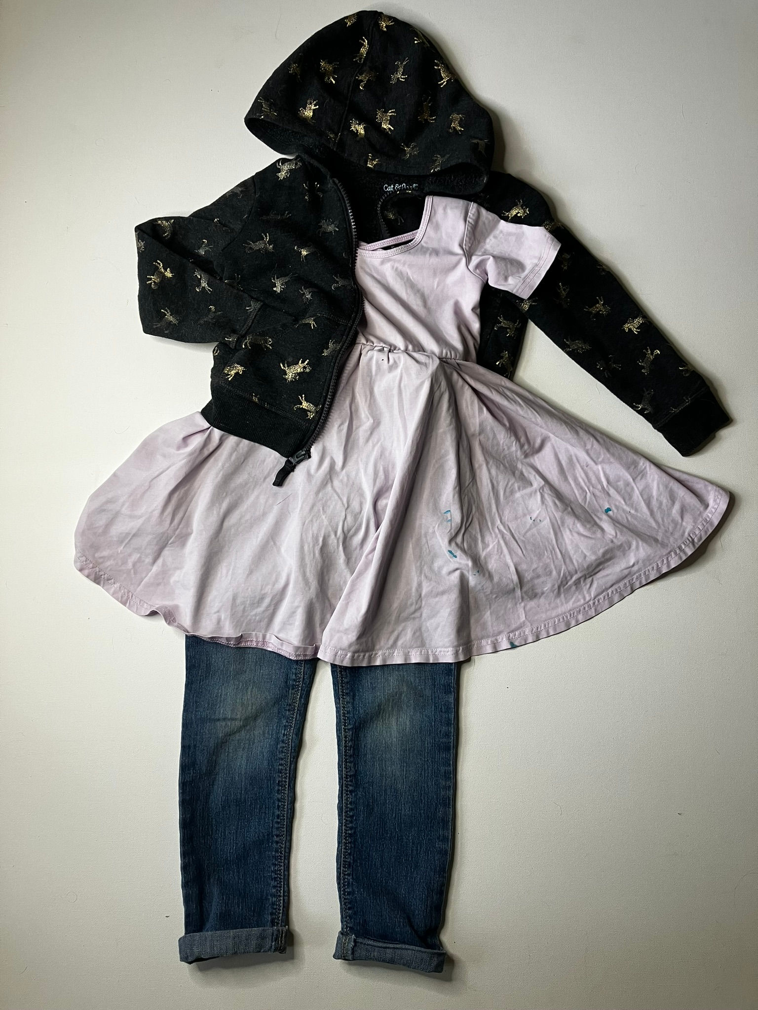 Cat & Jack Unicorn Hoodie with Flare Dress and Old Navy Jeans