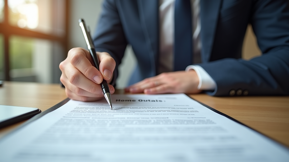 Close-up view of a homebuyer signing mortgage documents at a desk