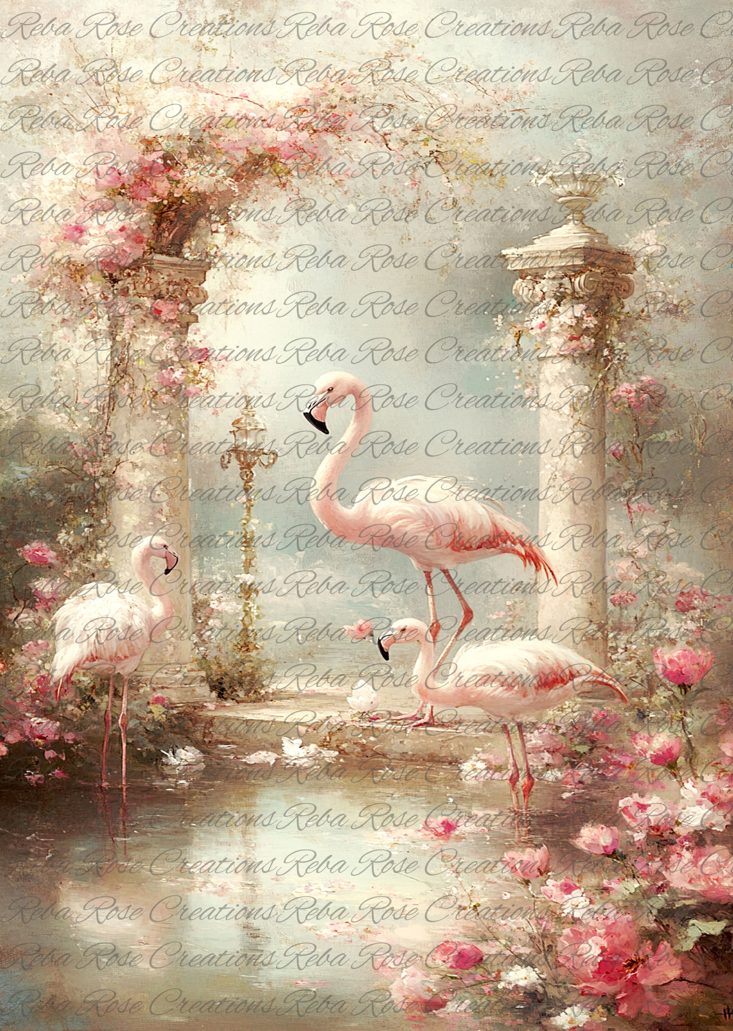 1675-Pink Floral Flamingos