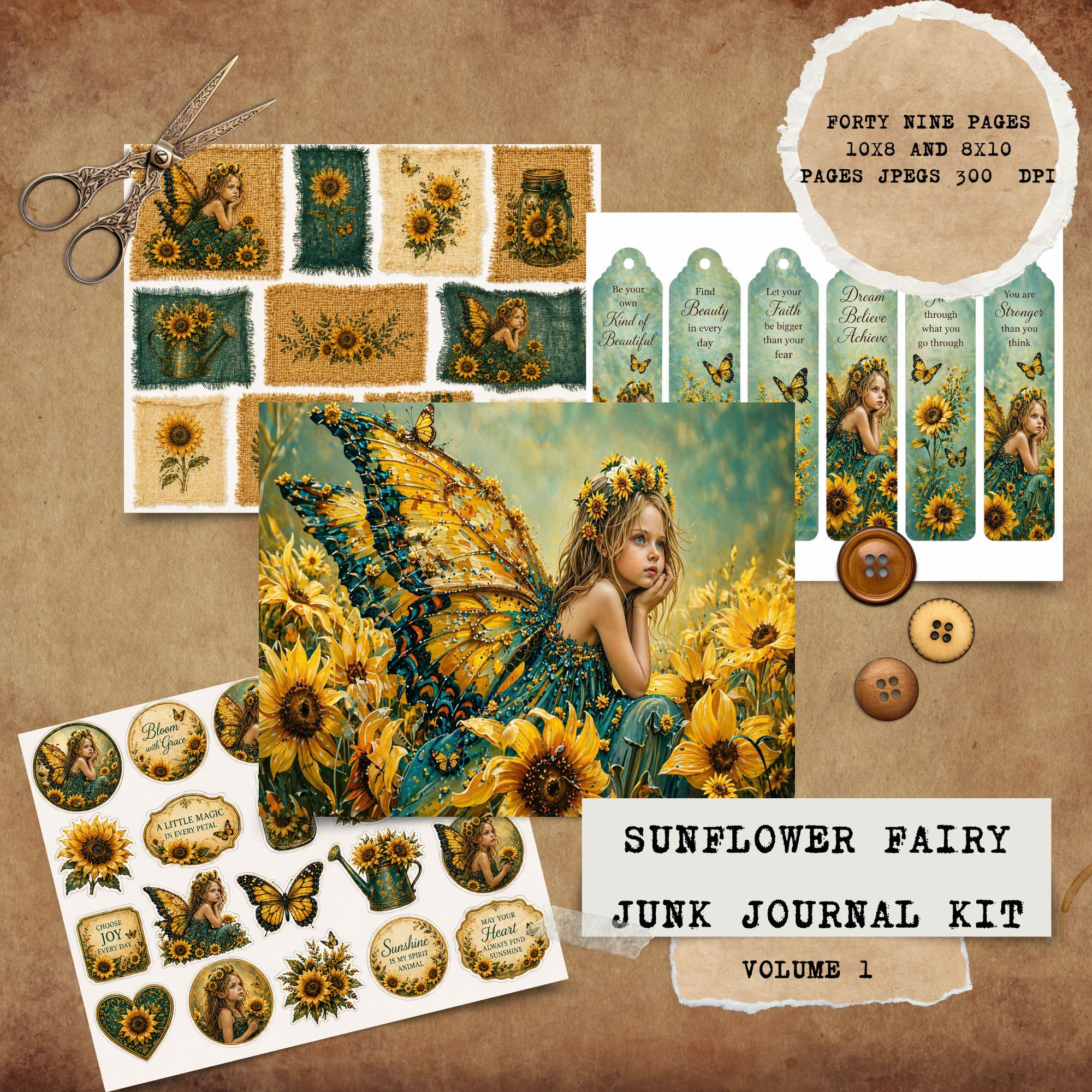 DD-Sunflower Fairy Junk Journal Kit -No Physical Product