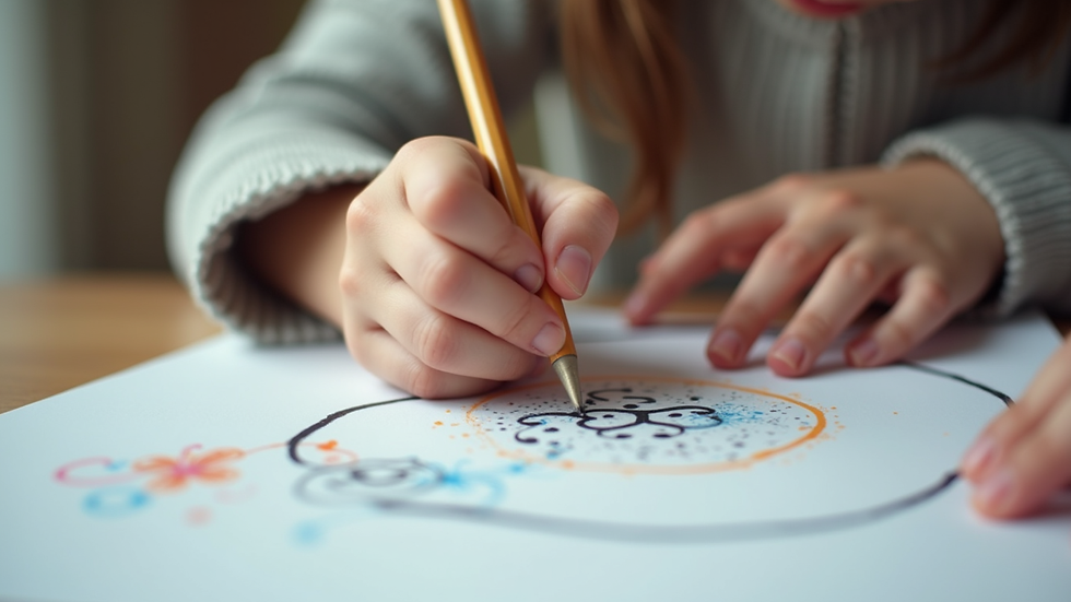 Close-up of a therapist’s hand guiding a child’s hand to draw