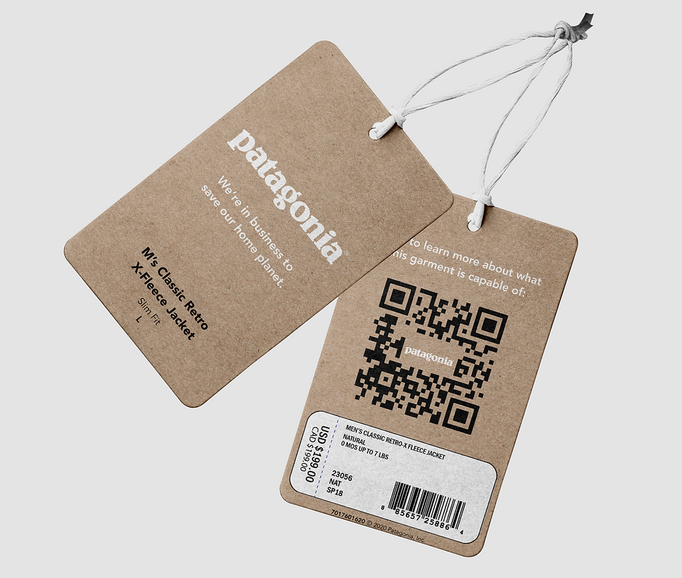 Hang tags with QR codes for apparel packaging, displaying care instructions and size details on clothing paper bags. These custom apparel packaging ideas connect customers to websites and promotions, enhancing fashion packaging engagement in the apparel packaging design space.