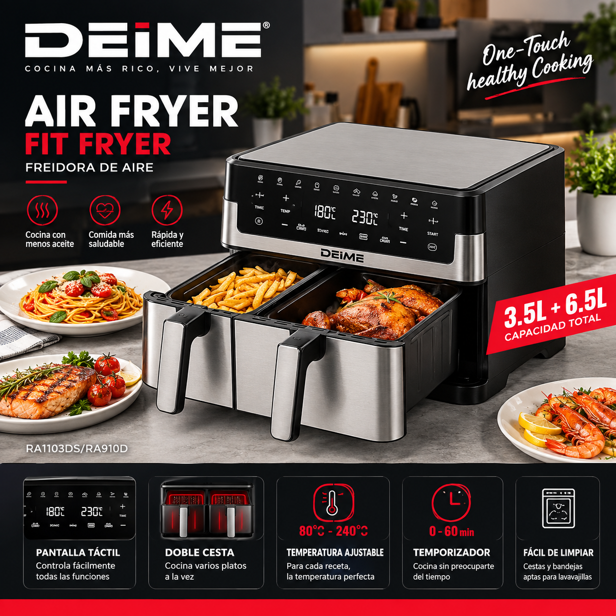 Freidora de Aire Sin Aceite Deime Doble Cubeta 10L (3.5L + 6.5L)