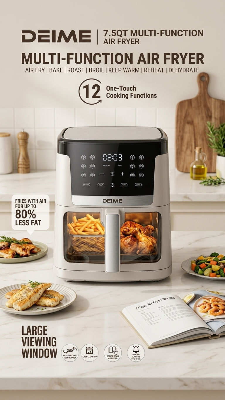 Freidora de Aire Sin Aceite Deime 7.5QT (7 Litros) Plateada