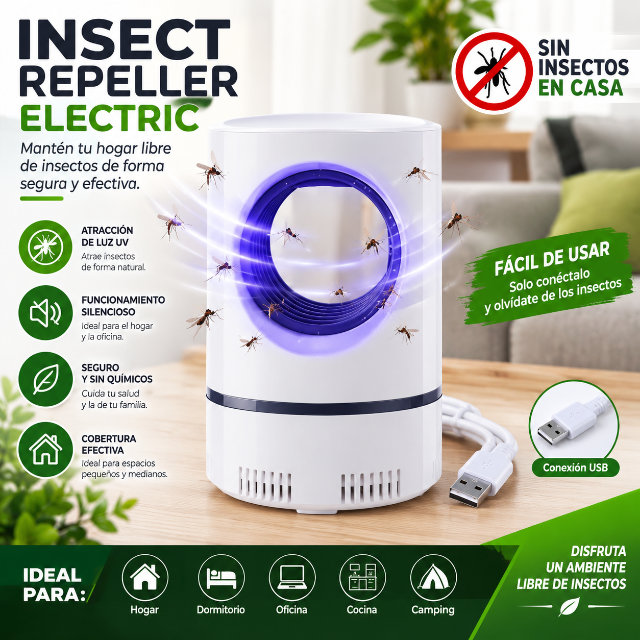 Lámpara Antimosquitos Eléctrica por Succión USB