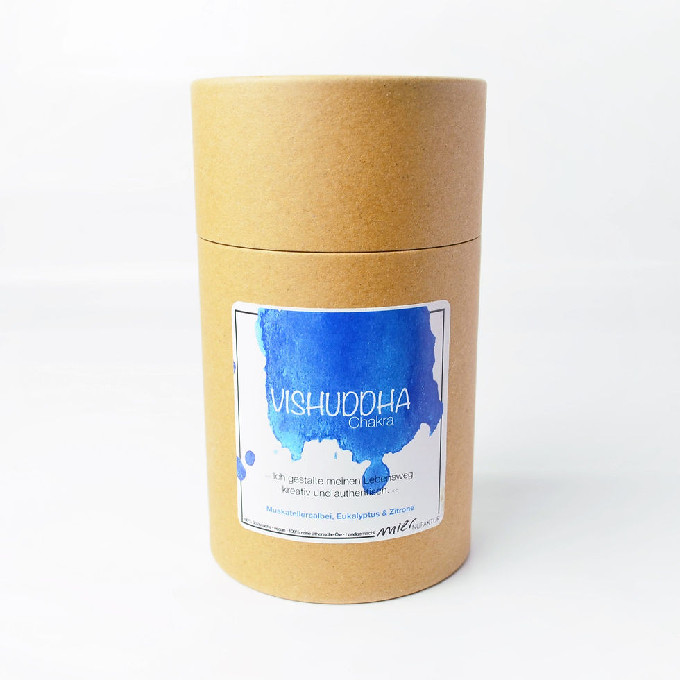 Miniaturbild: VISHUDDHA Chakrakerze 150g - Halschakra⎥ Muskatellersalbei, Eukalyptus & Zitrone