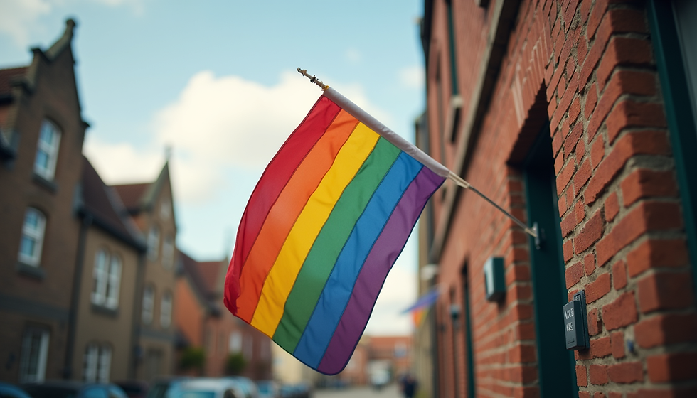 Rainbow pride flag hanging from a red brick building on a quiet street under a blue sky, suggesting a calm, festive mood.
