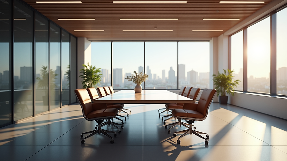 Vista panorámica de una sala de reuniones corporativa con gráficos estratégicos