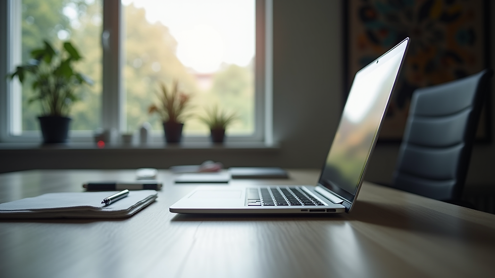Eye-level view of a modern workspace with a sleek desk and a laptop