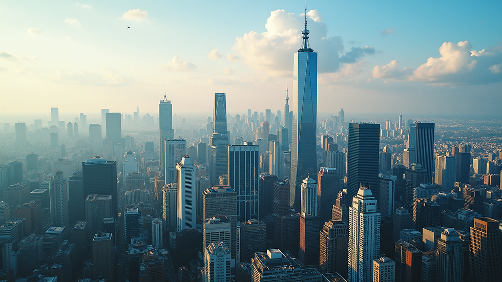 High angle view of a vibrant city skyline with modern architecture