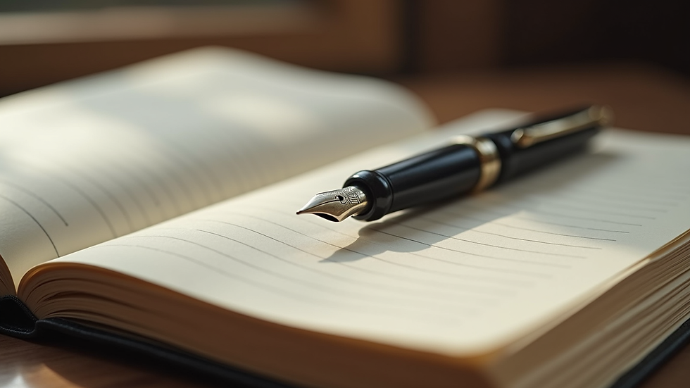 Close-up view of an open journal with a fountain pen resting on the pages