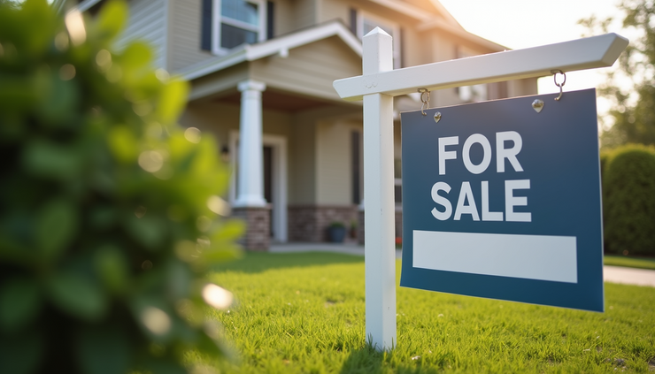 Eye-level view of a residential rental property with a "For Sale" sign in front