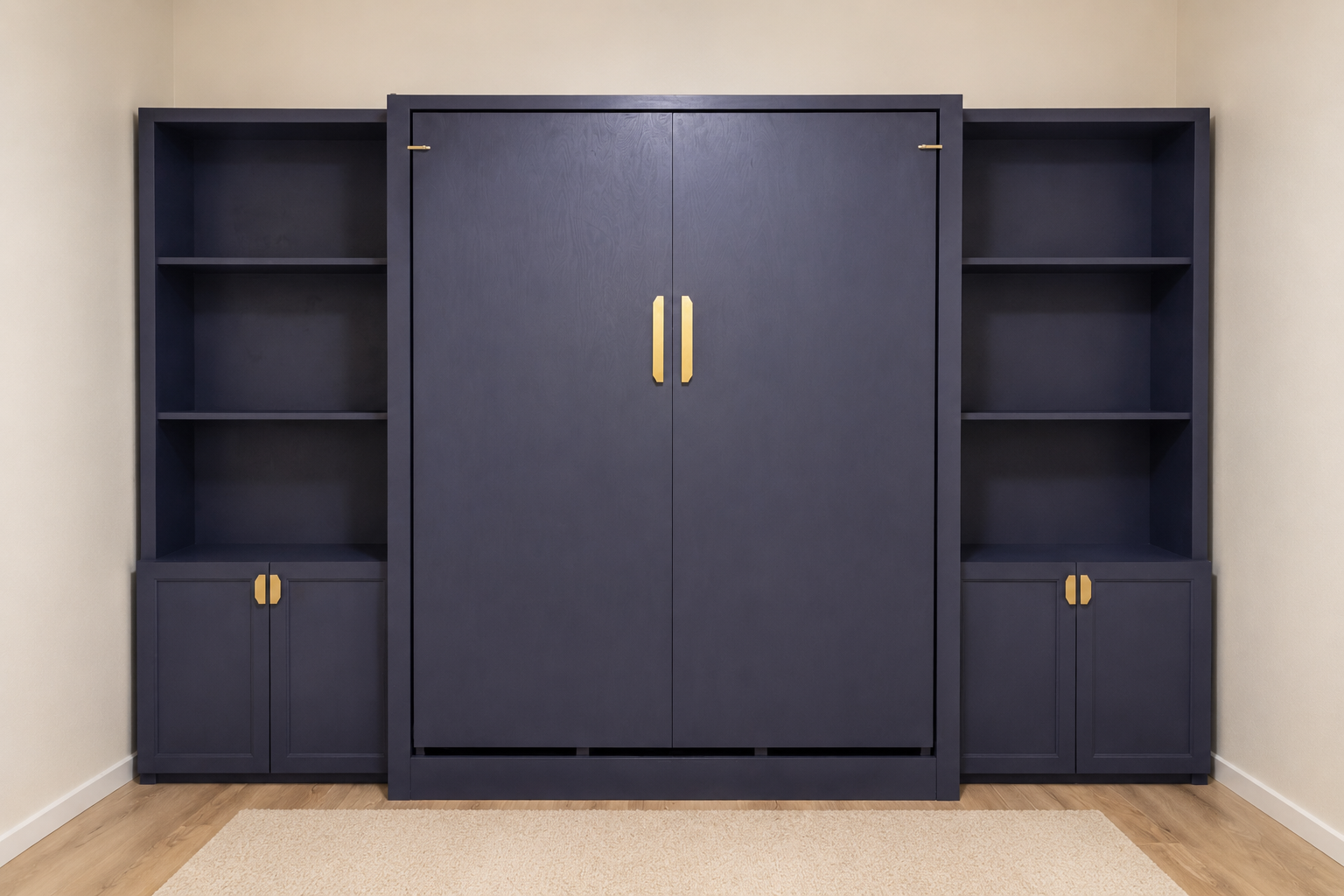 Custom panel Murphy bed closed with side bookcases and gold hardware