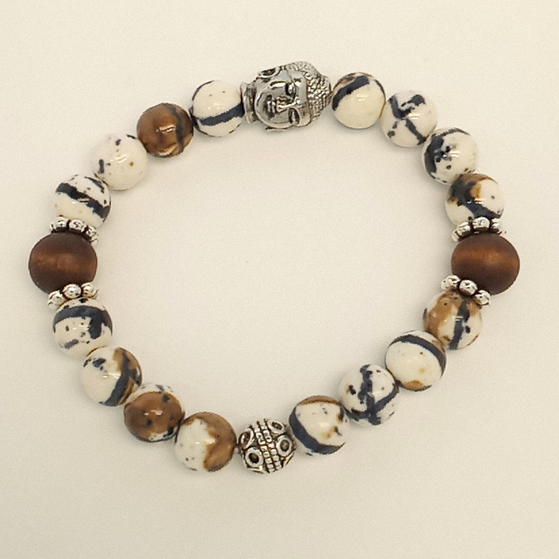 7 inch Stretchy granite and wood beaded Bracelet with buddah