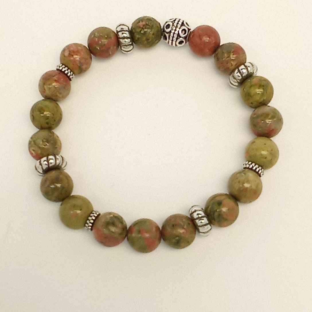 7 inch Stretchy unakite natural stone beaded Bracelet 