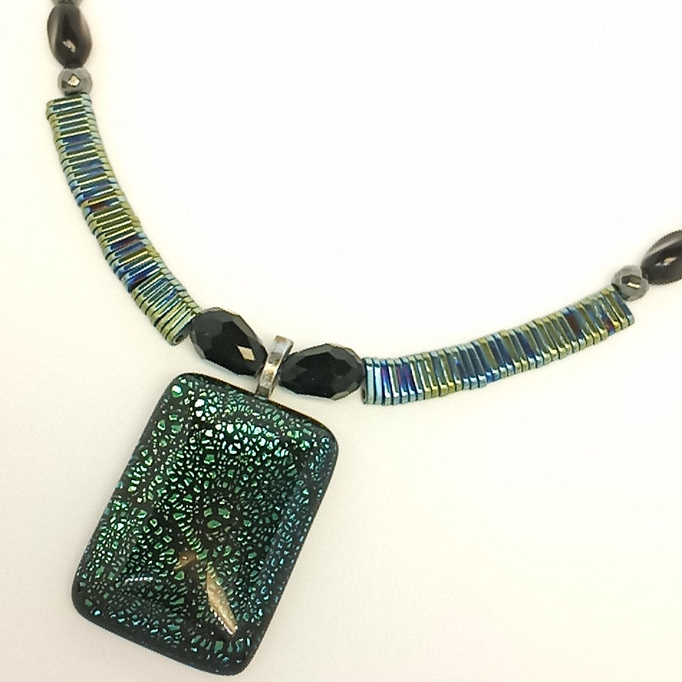 Thumbnail: 17 inch adjustable blue metallic beaded necklace with blown glass etched pendant
