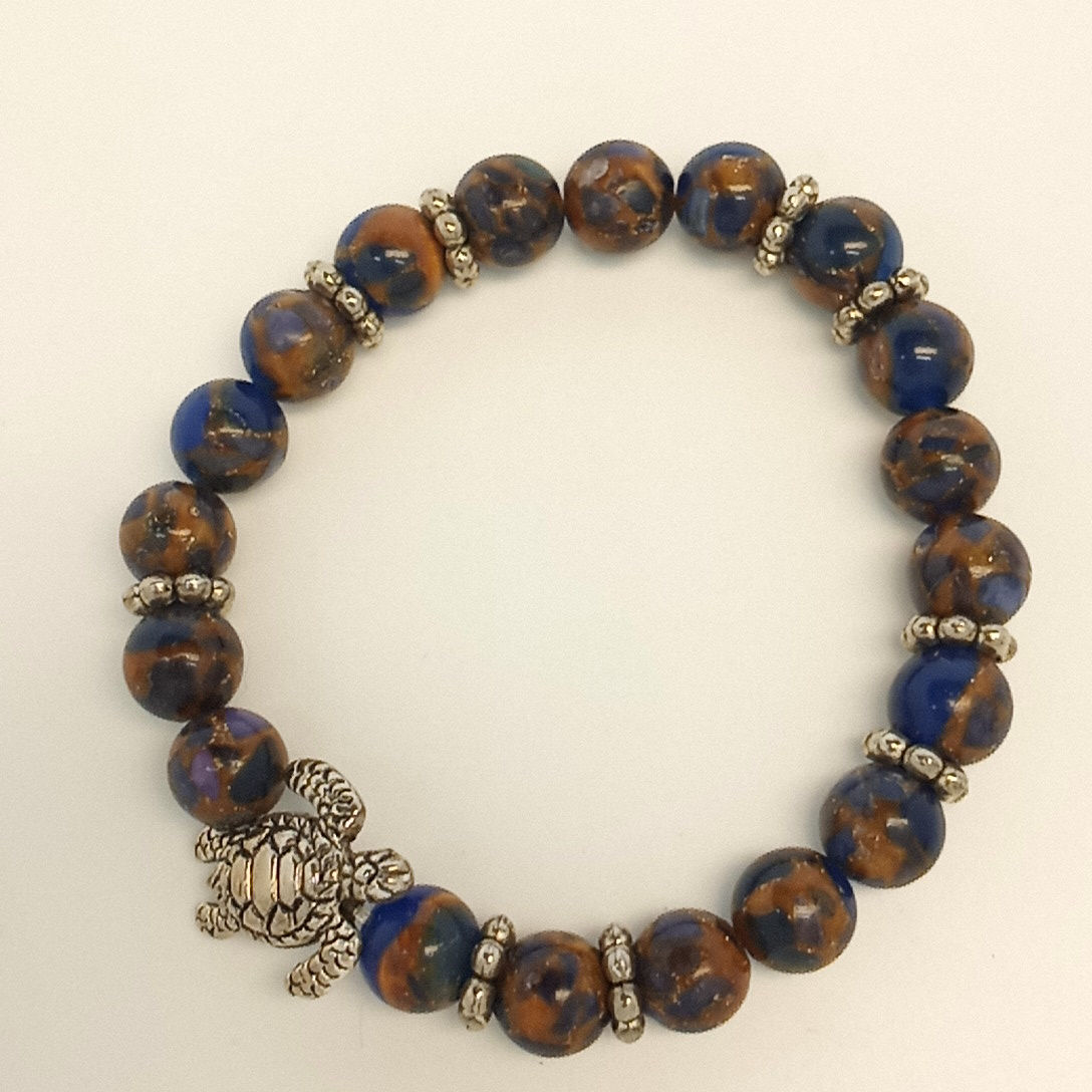 7 inch blue and brown natural stone Bracelet with Turtle 