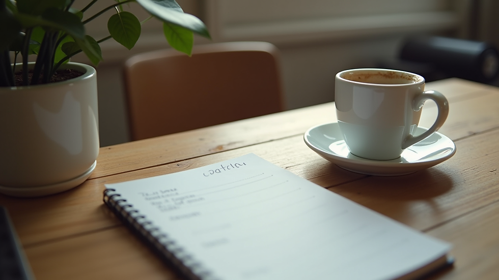 Vista a nivel de ojo de un escritorio ordenado con una agenda y una taza de café
