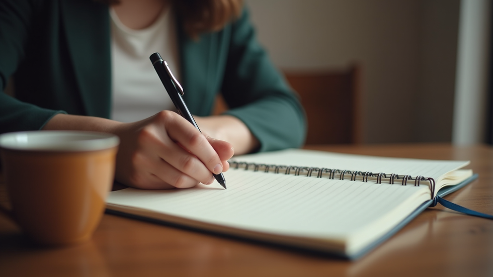 Plano cerrado de una persona escribiendo en un cuaderno con una taza de café al lado