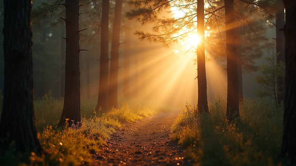 Vista panorámica de un sendero en un bosque iluminado por la luz del sol