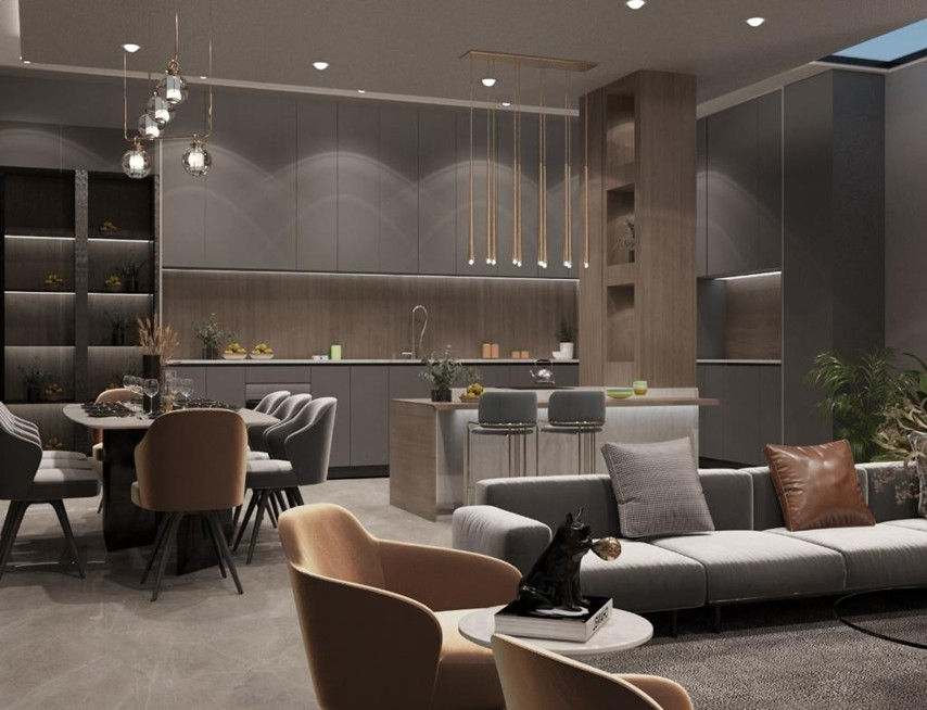 High angle view of a modern downtown condo kitchen with sleek cabinetry