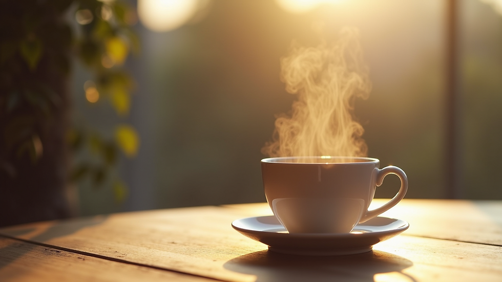 Eye-level view of a serene morning scene with a steaming cup of tea on a wooden table