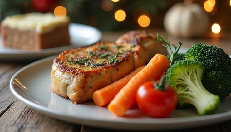 Close-up view of a plate with a balanced holiday meal including vegetables, protein, and a small dessert