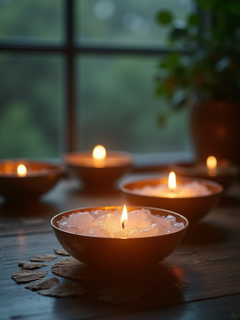 Mystical glowing crystal singing bowls on a soft background
