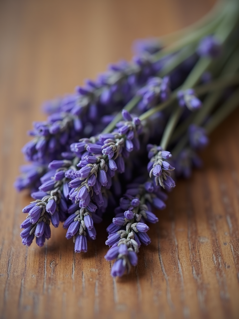 A bundle of dried lavender on a rustic wooden surface