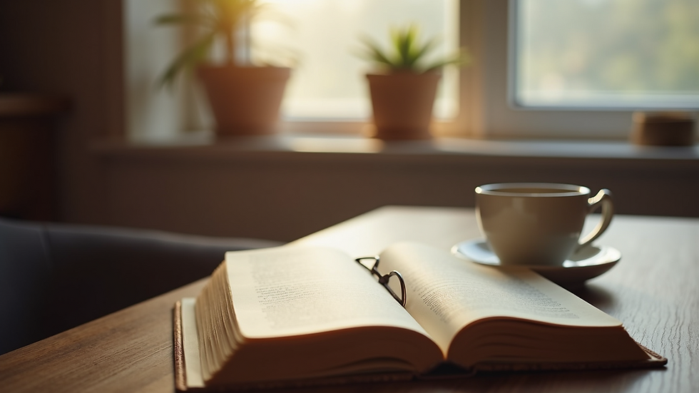 Eye-level view of a cozy corner with a journal and a cup of tea