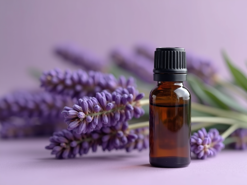 An essential oil roller bottle lying near fresh lavender sprigs
