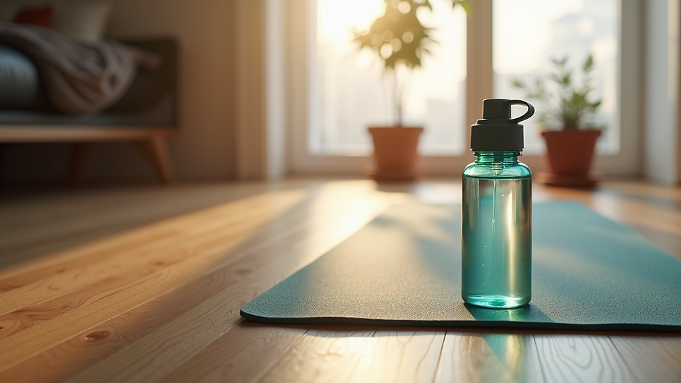 Eye-level view of a water bottle and a yoga mat on a wooden floor
